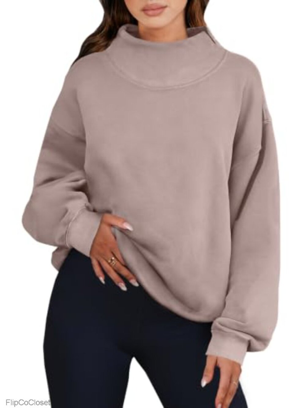 Oversized Mock Neck Pullover Sweatshirt Fleece Lined Turtleneck